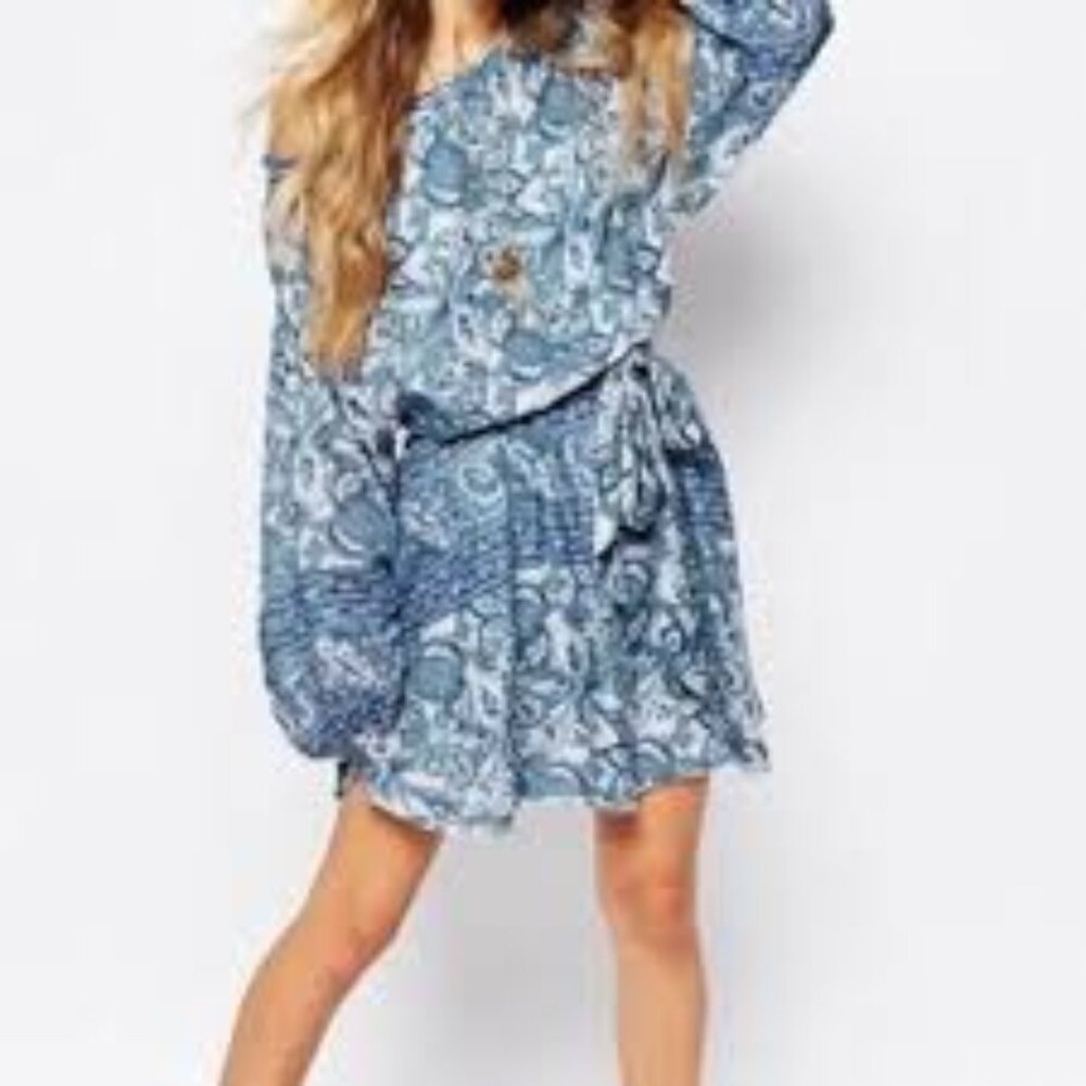 NWT Free People Silver Sun Bohemian Print Open Back Mini Dress sz S